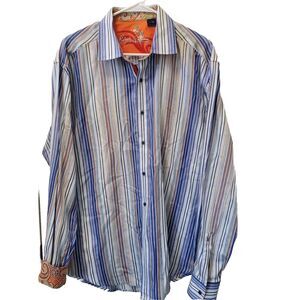 Robert Graham Shirt XL Mens Contrast Flip Cuff Button Up Blue Striped Embroidery